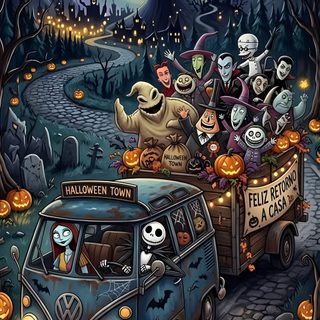 a van with halloween characters driving down the road in front of pumpkins and jack - o'- lanterns Nightmare Before Christmas Halloween Town dark slate gray