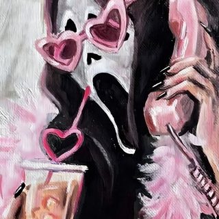 a painting of a woman in pink holding a cell phone to her ear and drinking from a cup Pink Baddie Halloween Cute Scream Painting, Scary Movie Rosado, Pink Ghostface Aesthetic, rosy brown