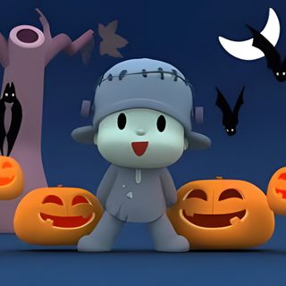an animated character surrounded by pumpkins and bats Pocoyo Halloween Pocoyo Halloween Costume, Pocoyo Thanksgiving, Smiling Critters Bat, dark slate gray