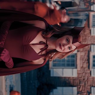 a woman in a red dress is standing on a ledge looking up at the camera Halloween Wanda Ultra Hd Wanda 4k, 4k Ultra Hd Scarlet Witch Wandavision, Wanda 4k, dark slate gray