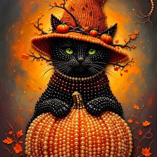 a painting of a black cat wearing a pumpkin hat and sitting on top of a pumpkin Black Cat Diamonds For Halloween In saddle brown