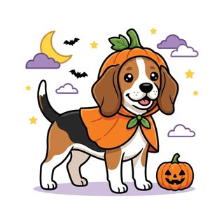 a dog wearing a pumpkin costume standing next to a jack - o'- lantern Cute Beagle Halloween white