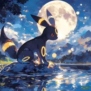 a painting of a pokemon sitting on top of a rock in front of a lake Umbreon Halloween 1920x1080 Anime Nature Background Ideas, Espeon Fantasy Illustration, Pokemon Art Night Scene, dark slate blue