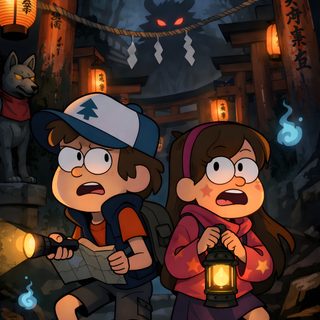 two cartoon characters sitting on steps in front of lanterns Gravity Falls Halloween Mabel Pines, Gravity Falls, Portrait Artist, Disney, New, Scenery, black