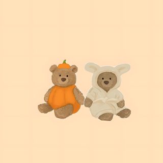 two teddy bears sitting next to each other in front of a beige background with an orange and white bear Jellycat Halloween Cute Fall Lockscreen, Matching Fall, Cute Fall Ipad, Iphone Background, Cool, peach puff