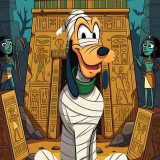 an egyptian cartoon character sitting in front of the pharaoh's temple with other characters around him Pluto Halloween Goofy Mummy, Disney Halloween Cartoons, Halloween Pluto, Disney Halloween, dark olive green