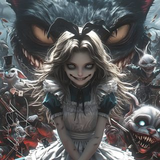 a girl in a white dress standing next to an evil cat and other demonic creatures Halloween Alice Custom Gothic Alice, Alice In Wonderland Evil Characters, Creepy Alice In Wonderland, dark slate gray