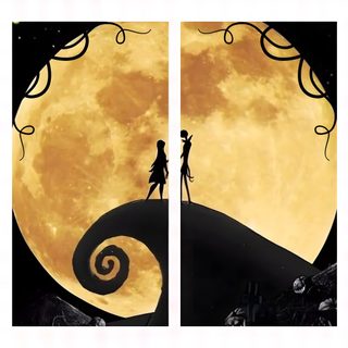 the silhouettes of two people standing on top of a hill in front of a full moon Matching Halloween For 2 Matching For Phone, The Nightmare Before Christmas Matching, Jack And Sally Matching, burlywood