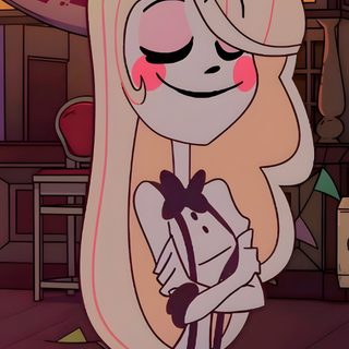 a cartoon girl with long blonde hair and pink eyes standing in front of a neon sign Happy Halloween Charlie Hazbin Hotel Pilot Fanart, Charlie Hazbin Hotel, Hazbin Hotel Pilot Characters, saddle brown