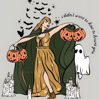 a woman sitting on a couch with pumpkins in her hand and bats flying around Halloween Taylor Swift Pumpkin Painting Ideas Taylor Swift, Taylor Swift Ghost Pumpkin, Spooky Taylor Swift Lyrics, light gray