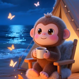 a monkey sitting in a chair next to a campfire with a cup of coffee Halloween Monkey Good Night Monkey, Mobile, Cute Monkey, Cute Monkey Cartoon, dark slate gray