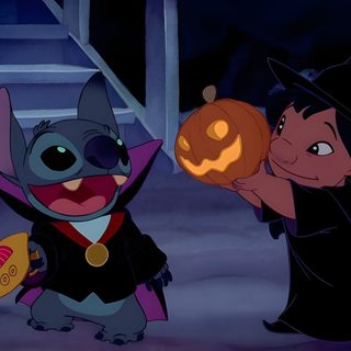 three cartoon characters dressed up in halloween costumes and holding pumpkins, one is wearing a witch costume Stitch Halloween Laptop Stitch Halloween Gif, Happy Halloween Stitch Gif, Halloween Stitch Gif, dark slate gray