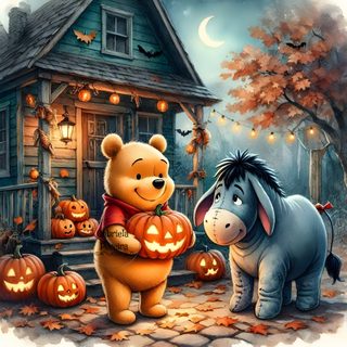 winnie the pooh and tigger pumpkins in front of a house with lights Eeyore Halloween dim gray