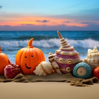 pumpkins and shells on the beach at sunset Beach Halloween Thanksgiving Beach, Halloween Beach Background, October Beach Images, gray