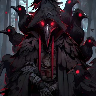 a man with crows on his head standing in front of some trees and red lights Dnd Halloween Raven Plague Doctor, Demon Doctor, Plague Doctor Art, Crow Plague Doctor, Crow Man Art, black