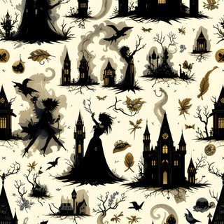 a halloween themed wallpaper with black and white houses, bats, pumpkins and witches Halloween Trellis Ikat Custom Spooky Halloween Pattern, Spooky Background Printable, Spooky Witch Pattern, tan