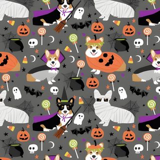halloween seamless pattern with dogs and pumpkins on grey background stock photo - budget conscious Halloween Corgi Pattern Halloween Corgi Flag, Corgi Fabric Fat Quarter, Corgi Halloween Party, dim gray