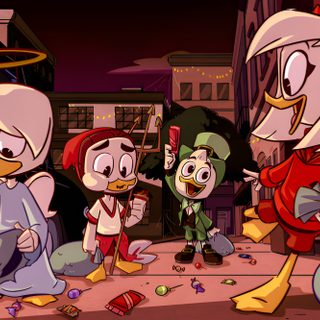 three cartoon characters standing in the middle of a street Ducktales Ghosts Of Halloween Huey Dewey And Louie Halloween Pfp, Ducktales Halloween, Ducktales 2017 Christmas, saddle brown