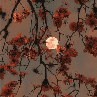 the full moon is seen through some red leaves on a tree in front of a gray sky Aesthetic Halloween Flower Fall Aesthetic Dark, Full Moon Aesthetic Background, Fall Aesthetic Vintage Dark, dim gray
