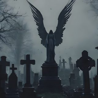 an angel statue surrounded by tombstones in a cemetery at night with the moon behind it Gothic Halloween All Gray Grey By Angel Dark Fantasy Cemetery, Gothic Grave Stone, Graveyard Fantasy,