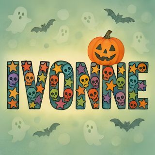 the word ivonne decorated with skulls and pumpkins Halloween-themed Name Fiesta Mexicana, Color, Halloween, Halloween Letter Drawing, dark sea green