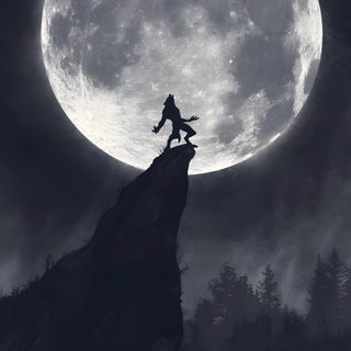 the silhouette of a man standing on top of a cliff with a full moon in the background Halloween Werewolf Werewolves, Werewolf At Night, Full Moon Werewolf, Werewolf Moon Phone, dark slate gray