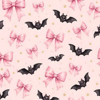a pink and black bat pattern with stars on the bottom, and bows in the middle Pink Pastel Halloween Bats Halloween Iphone Backgrounds, Halloween Backdrop, Halloween Series, misty rose