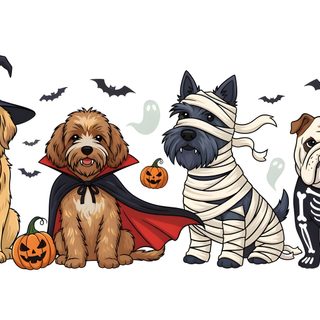 three dogs dressed up in halloween costumes with pumpkins and jack - o'- lanterns Halloween Dog Hd Halloween Dogs Art, Halloween Dog, Halloween Dog Backgrounds, white