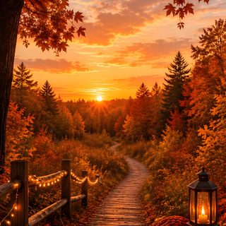 an autumn scene with a path leading to a lantern and pumpkins Halloween Sunrise saddle brown