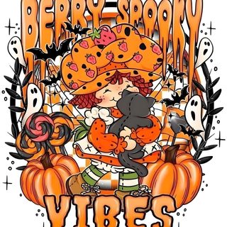 an image of a cartoon character surrounded by pumpkins and other halloween related items with the words berry spoony videos Strawberry Shortcake Halloween sandy brown