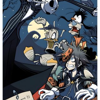 an image of some cartoon characters in the dark night with pumpkins and bats flying above them Kingdom Hearts Halloween Kingdom Hearts, Gaming Girl, Kingdom Hearts Ii, dark slate gray