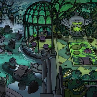 an image of a cartoon scene with many things in the room and on the ground Club Penguin Halloween Haunted Greenhouse, Haunted Mansion Conservatory, Cartoon Haunted House Interior, dark slate gray