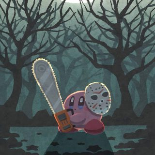 a drawing of a person with a chainsaw on their head in front of some trees Kirby Halloween Iphone dark slate gray