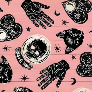 a pink background with black and white cats, stars, and moon designs on it Halloween Planchette Ouija Board Pattern Background, Ouija Board Pattern, Halloween Ouija, burlywood