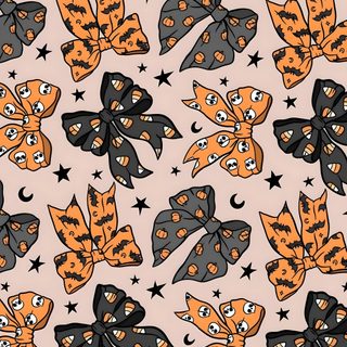 an orange and black cat with stars on it's head is in the middle of a pattern Halloween Bow sandy brown