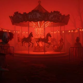 an amusement park at night with horses and clowns on the carousel in red light Clown Halloween Haunted Circus, Creepy Circus, Circus Background, Circus, Haunted Carnival, maroon