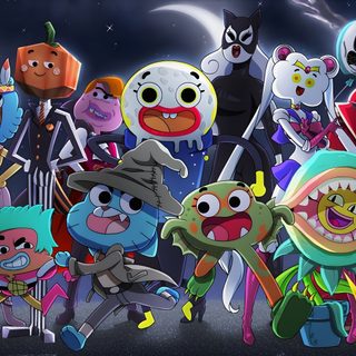 cartoon characters standing in front of trees at night Gumball Halloween Creepy Clown Amazing World Of Gumball, Tawog Halloween, Amazing World Of Gumball Halloween, dark slate gray