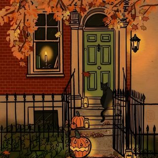 a painting of a cat sitting in front of a house with pumpkins on the steps Halloween Vintage Fall Animated Drawings, Cosy Halloween, Aesthetic Fall Gif, saddle brown