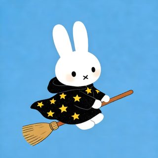 a white rabbit flying through the air with a broom in it's hand and wearing a black outfit Miffy Halloween cornflower blue
