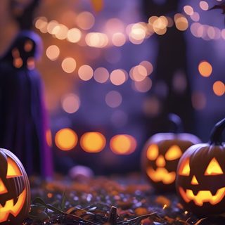 two carved pumpkins sitting on the ground in front of some trees with lights behind them Halloween Party Backgrounds Spooky Summer Background, Halloween Photo Set, Halloween Pics Aesthetic, dark slate gray