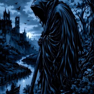 a painting of a man with a scythe in his hand Grim Reaper Halloween black