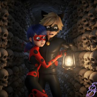 a couple dressed as ladybug and catwoman hugging in front of skulls Miraculous Ladybug Halloween Princess Birthday, Miraculous Ladybug, Miraculous, black