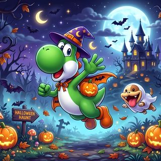a cartoon character flying through the air in front of halloween pumpkins and ghost's Nintendo Halloween Yoshi Halloween, Halloween, dark slate gray