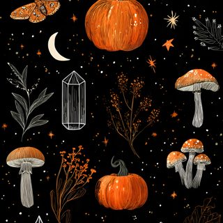 an image of pumpkins and mushrooms in the night sky with stars, moon, and trees Dnd Halloween Pattern, black
