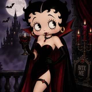 a cartoon character dressed as a vampire holding a wine glass in front of a castle Betty Boop Halloween Betty Cartoon, Baby Elephant Tattoo, Betty Boop Posters, Betty Boop Halloween, black
