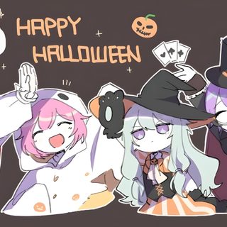 three cartoon characters dressed up as witches and ghostes, with the caption happy halloween Pjsk Halloween Halloween Pfp Project Sekai, Project Sekai Halloween Cards, Pjsekai Halloween, dark slate gray