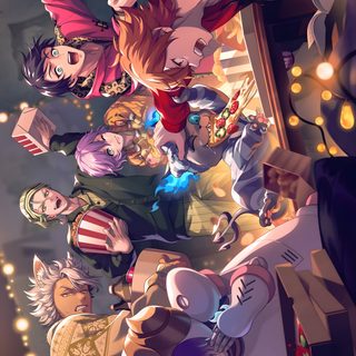 an anime scene with many people in the background and one person standing on top of another Twisted Wonderland Halloween Twisted Wonderland Official Art, Twst First Years, Twisted Wonderland Laptop, dim gray