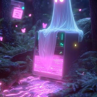 a computer in the middle of a forest with glowing lights Vaporwave Halloween New, Ghost, Pink, dark slate gray