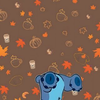 an animal is sitting on the ground surrounded by autumn leaves and acorns, with coffee cups in the background Aesthetic Halloween Stitch Autumn Phone Ideas, Autumn-themed Stitch Illustration, Brown And Orange Autumn Design, dim gray