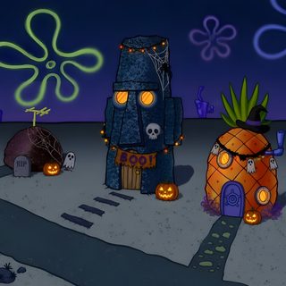 an animated image of halloween decorations on the ground Spongebob Squarepants Halloween Halloween Scary Aesthetic, Halloween Theme Ideas, Cartoon Halloween, dark slate gray